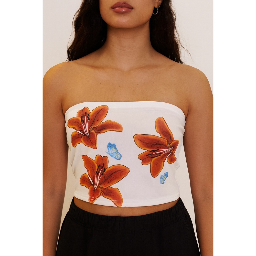 Edikted Floral‎ Butterfly Print Tube Top Y2K Style Summer Sleeveless Crop Top M
